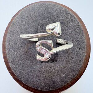 Cubic Zirconia Letter S & Heart Bypass Ring VTG Sterling Silver 925 Size 7.25